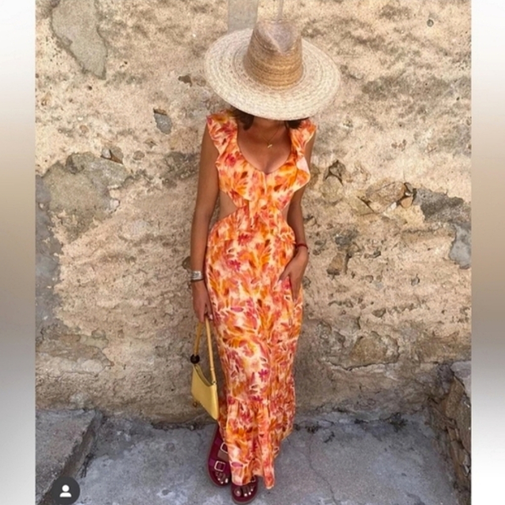 ZARA MAXI DRESS Printed Orange SIZE L & XL - Picture 10 of 16